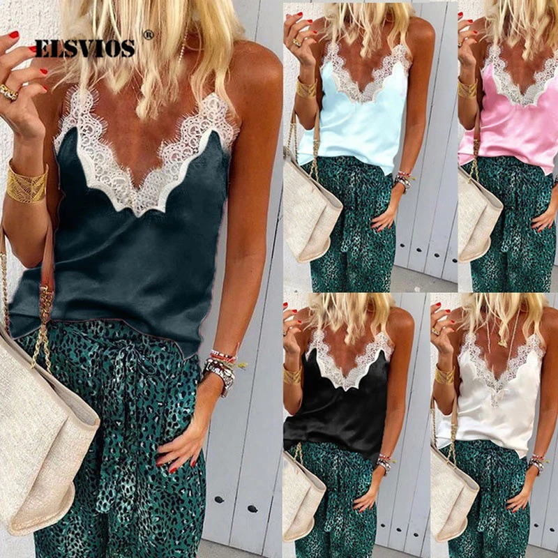 

ELSVIOS 3XL Women Deep V-neck Lace Patchwork Chiffon Shirt Sleeveless Strap Summer Sexy T Shirt Casual Streetwear Tops Plus Size