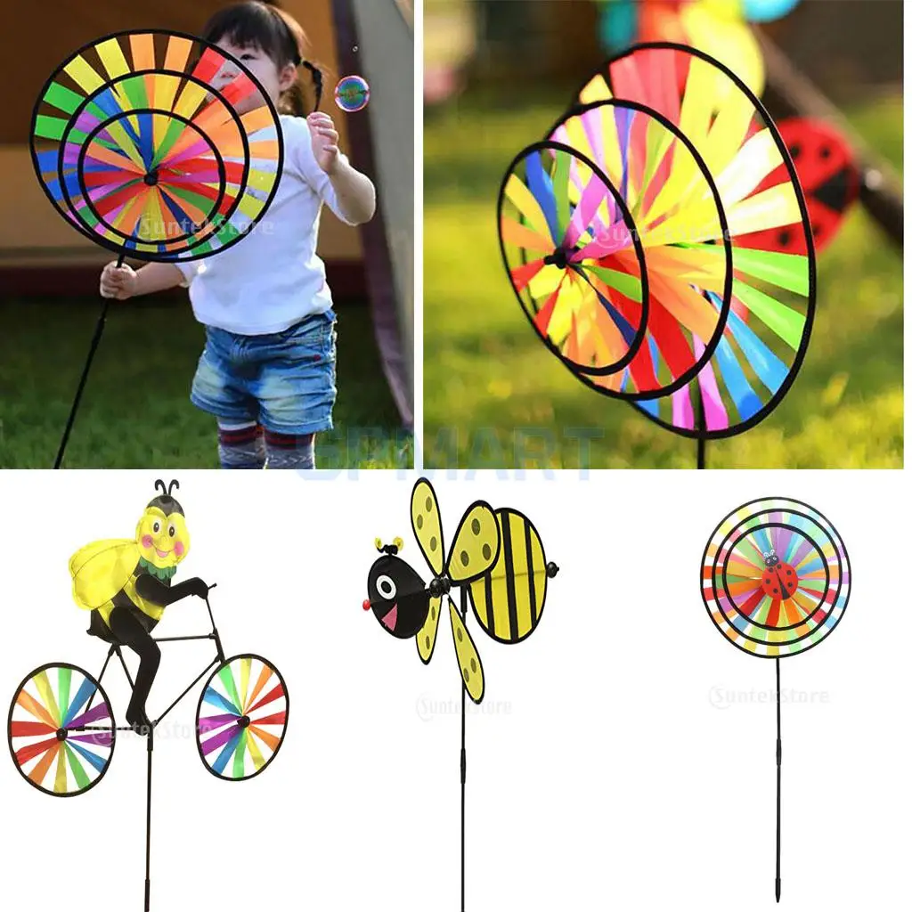 3 Pieces Rainbow Circles Bee Shaped 3D Windmill Wind Spinner Whirligig