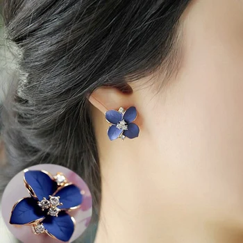 

Fashion Design Blue Flower Crystal Stud Earrings Ladies Elegant Gold Rhinestone Pierced Earrings Brincos Women Statement Jewelry