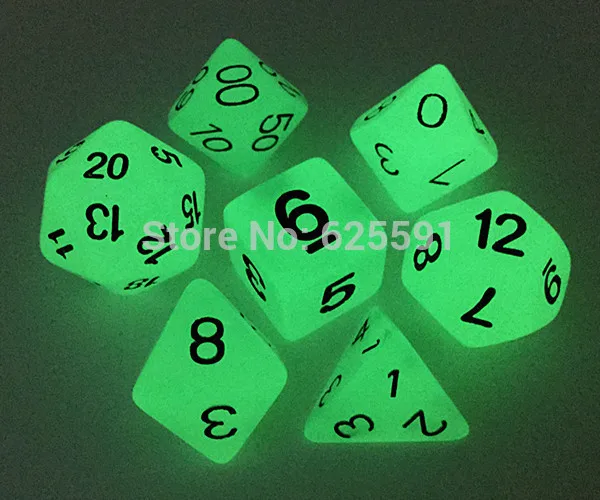 7 шт./лот Светящиеся в темноте кубики D4, 6,8, 10,10%, 12,20 для настольной игры