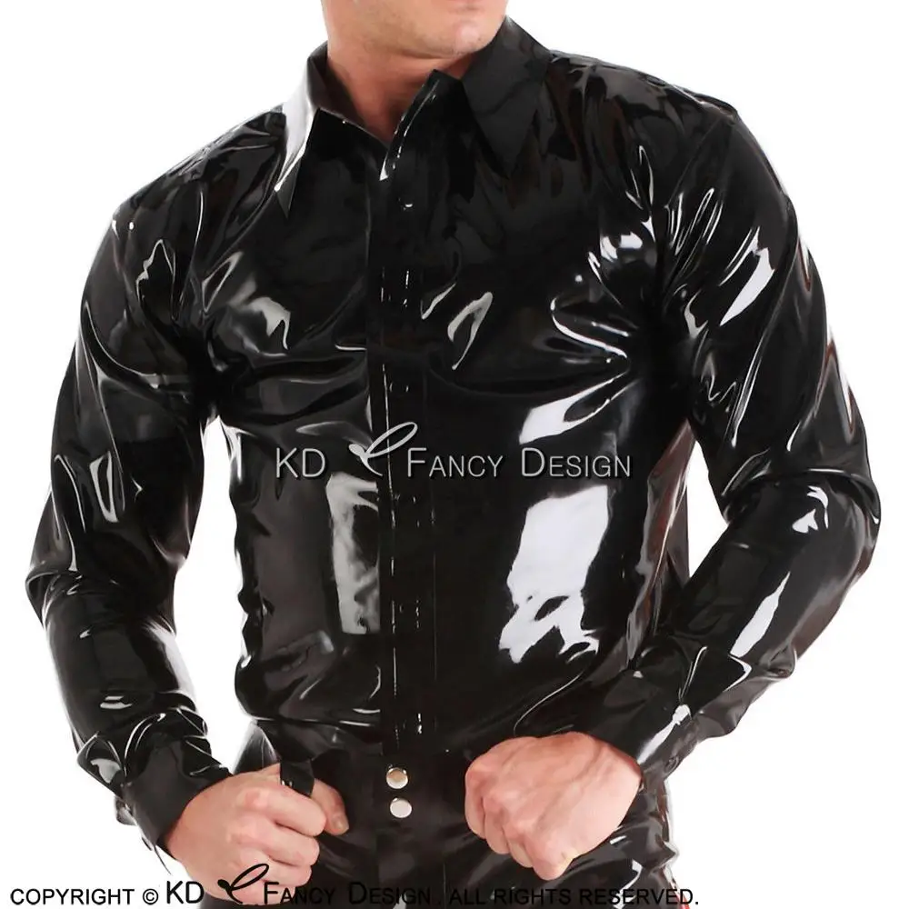 

Black Sexy Latex Shirt With Buttons At Back Long Sleeves Turn Down Collar Rubber Top Clothes Clothings YF-0100