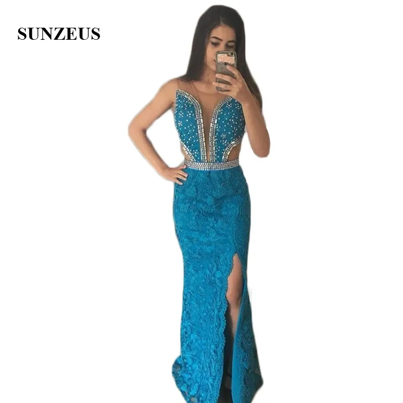

Blue Lace Skirt Prom Dresses Long Hollow Waist Tulle Sexy Party Dresses Shiny Beaded Sequins Prom Gowns Leg Slit Sheer Back SP25