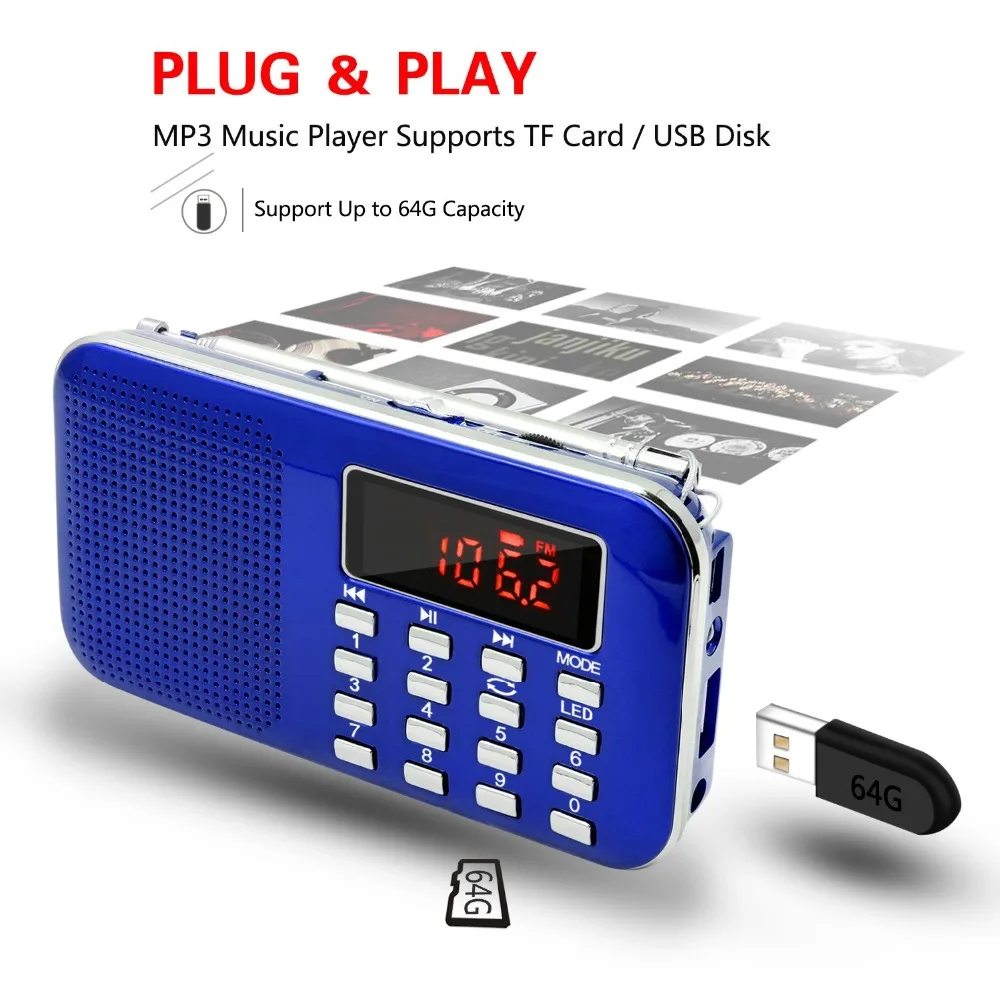 Lefon портативное минирадио приемник AM FM перезаряжаемый MP3 музыкальный плеер TF/SD USB привод AUX светодиодный экранный фонарик