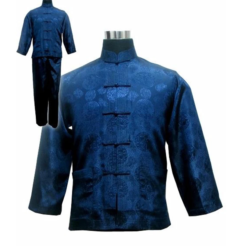 

Navy Blue Chinese Men's Satin Kung Fu Suit Traditional Male Wu Shu Sets Tai Chi Uniform Clothing Plus Size S-XXXL 011311
