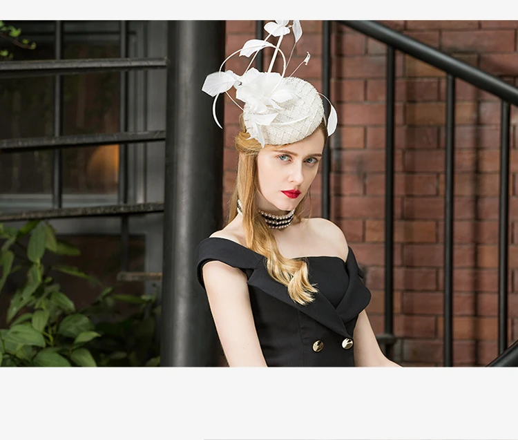 FS женские вуалетки для свадьбы, белые женские элегантные церковные вечерние шляпки, Коктейльная шляпа Sinamay Derby, винтажная Цветочная фетровая шляпа