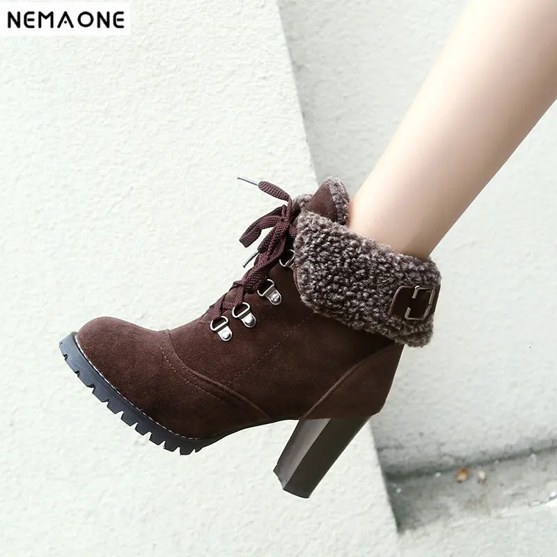 

NEMAONE New ladies high heels lace up ankle snow boots woman platform wedding shoes spring autumn women boots large size 43