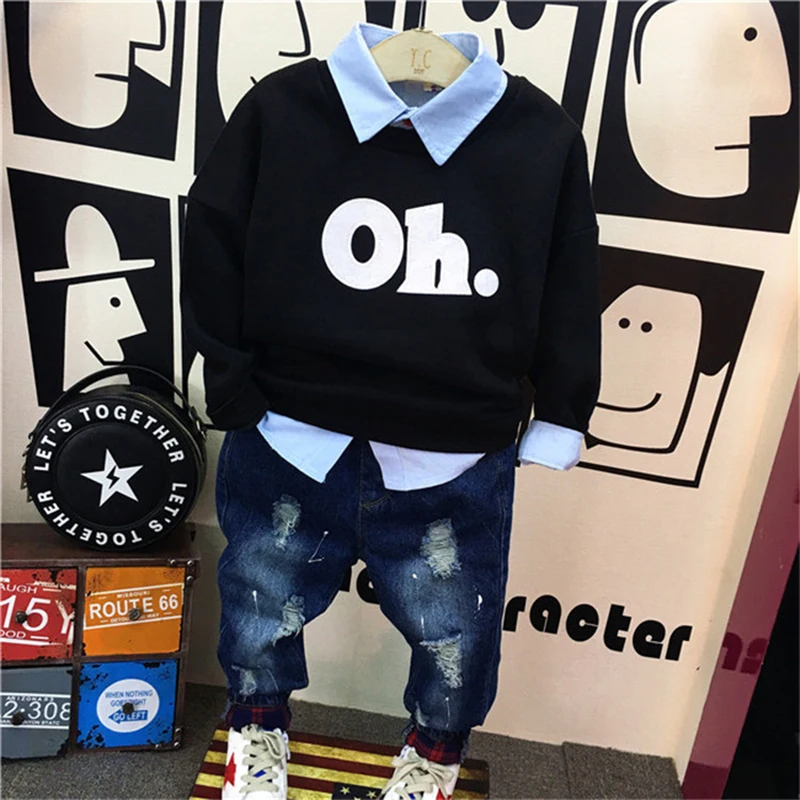 

Children Clothing Set Boys Shirt for boy Blouse + Hoody + Denim Pants 3pcs children broken hole pants harem pants Trousers 2018