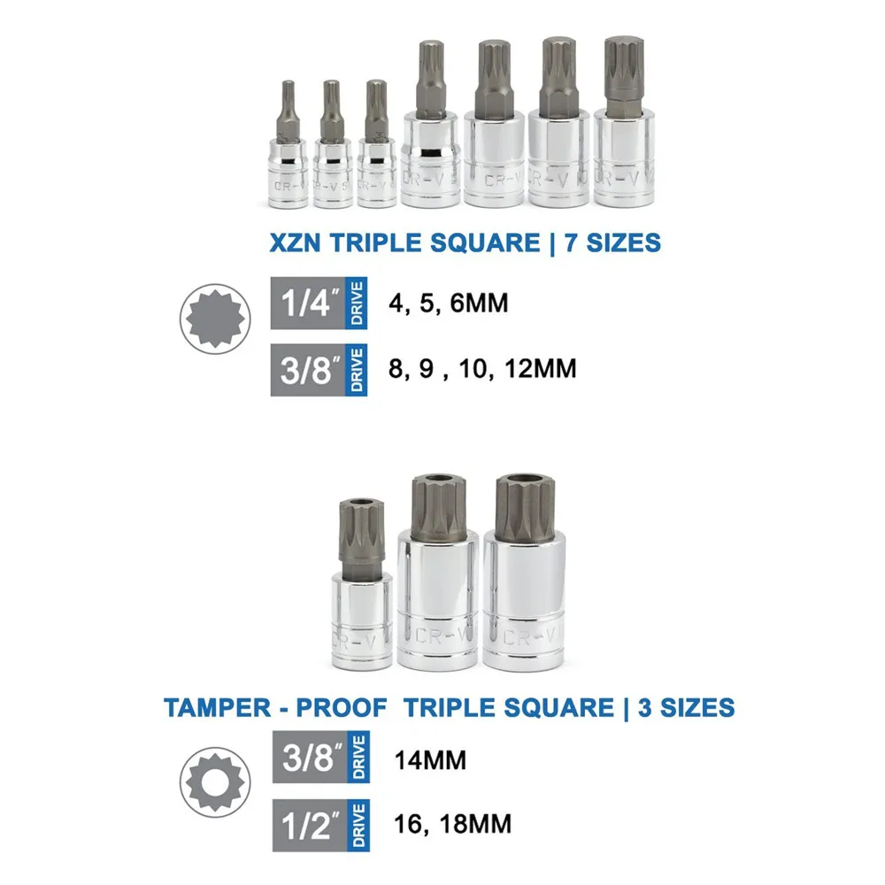 10 шт. XZN Набор торцевых головок с тройным квадратным шлицевым наконечником, торцевой ключ, инструмент для ремонта автомобиля 1/4 3/8 1/2 CRV метрический 4 мм-18 мм