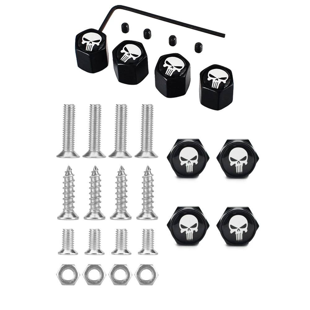 

1Set Chrome Metal Skull Logo Anti-theft Car License Plate Bolts Frame Screws- Gift 4 Free Tire Valve Stem Caps