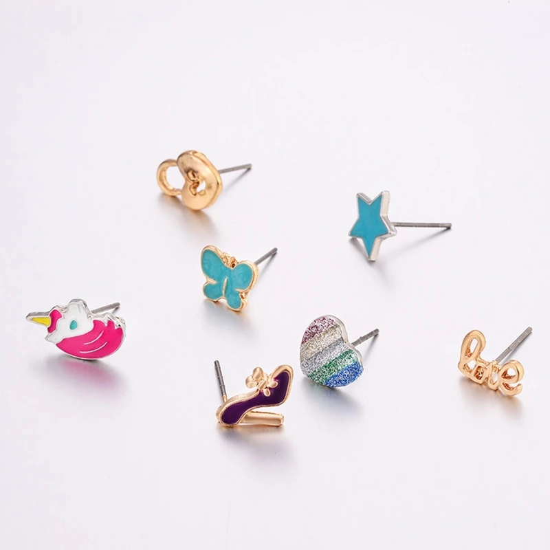 

9 Pairs Cute Small Unicorn Butterfly Bowtie Stud Earrings Set For Kids Girls Accessories Headwear