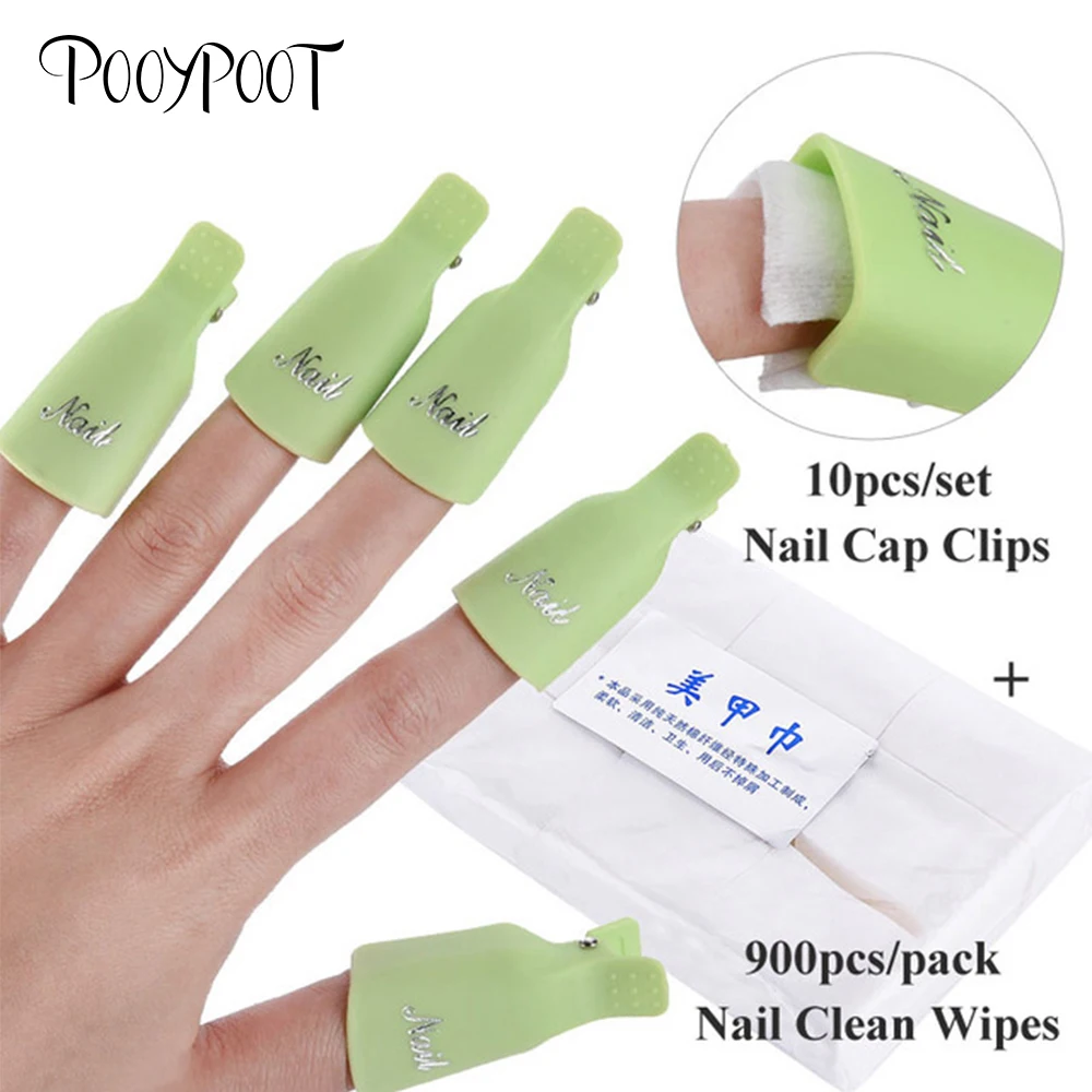 

Pooypoot Nail Polish Remover Set 10Pcs Nail Cap Clips with 900Pcs/Pack Cotton Gel Removal Wipes Degreaser for Nails Art Tools