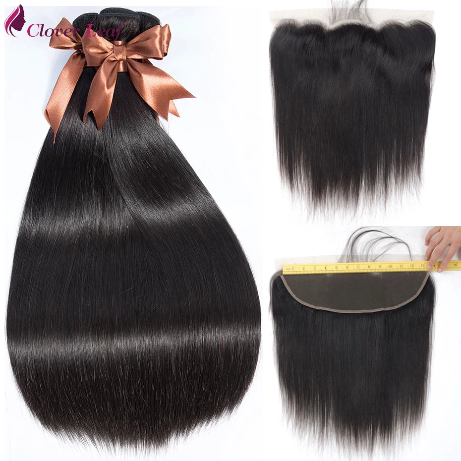 

Clover Leaf Straight Human Hair 3 Bundles With 13*4 Ear To Ear Lace Frontal Peruvian Hair Weave With Closure Non Remy Free Part