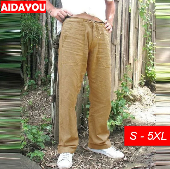 

Casual Pants for men baggy big and tall with pocket beig Plus Size Trousers Cotton & linen Outdoor Pants Loose Comfort ouc478