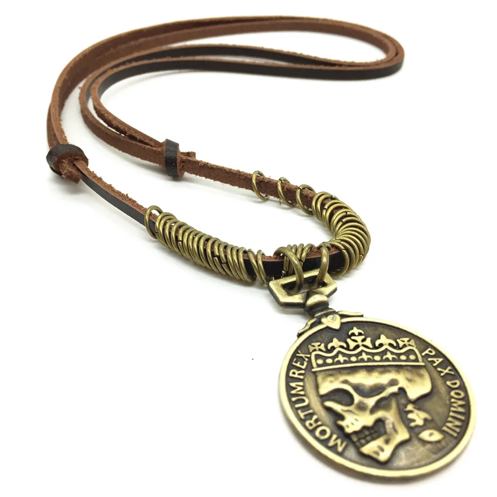 

Anchor Peace Owl Cross Skull Handmade Punk Brown Genuine Leather Vintage Pendant Mens Necklace Women Sweater Chain Jewelry