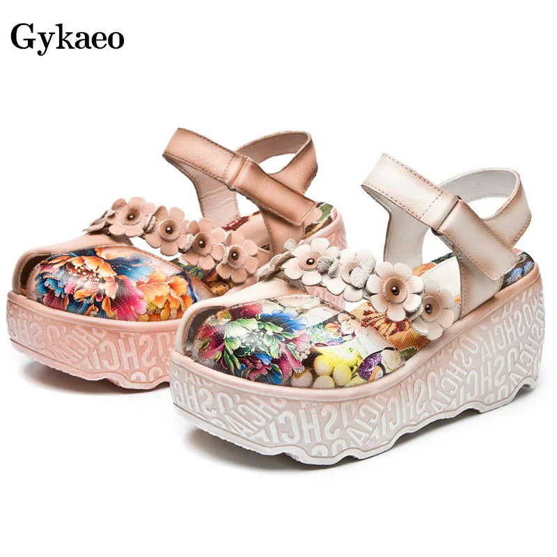 

Gykaeo Summer Wedges Sandals Ethnic Style Genuine Leather Platform Women's Sandals Flower Comfortable High Heels Women's Shoes
