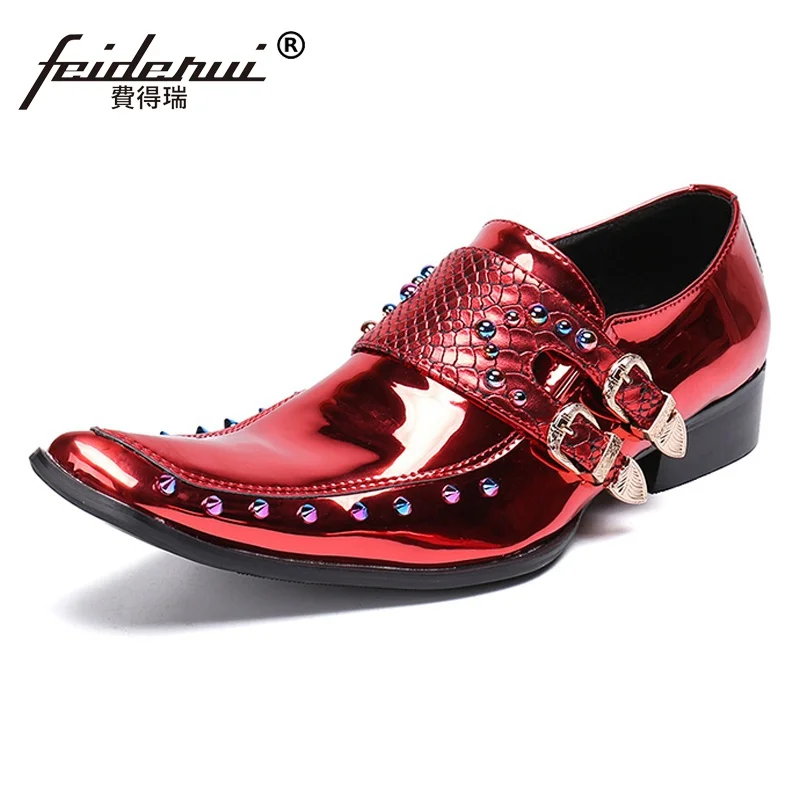 Plus Size Italian Pointed Toe Spiked Man Wedding Party Loafers Patent Leather Slip on Men's Monk Straps Studded Punk Shoes SL276