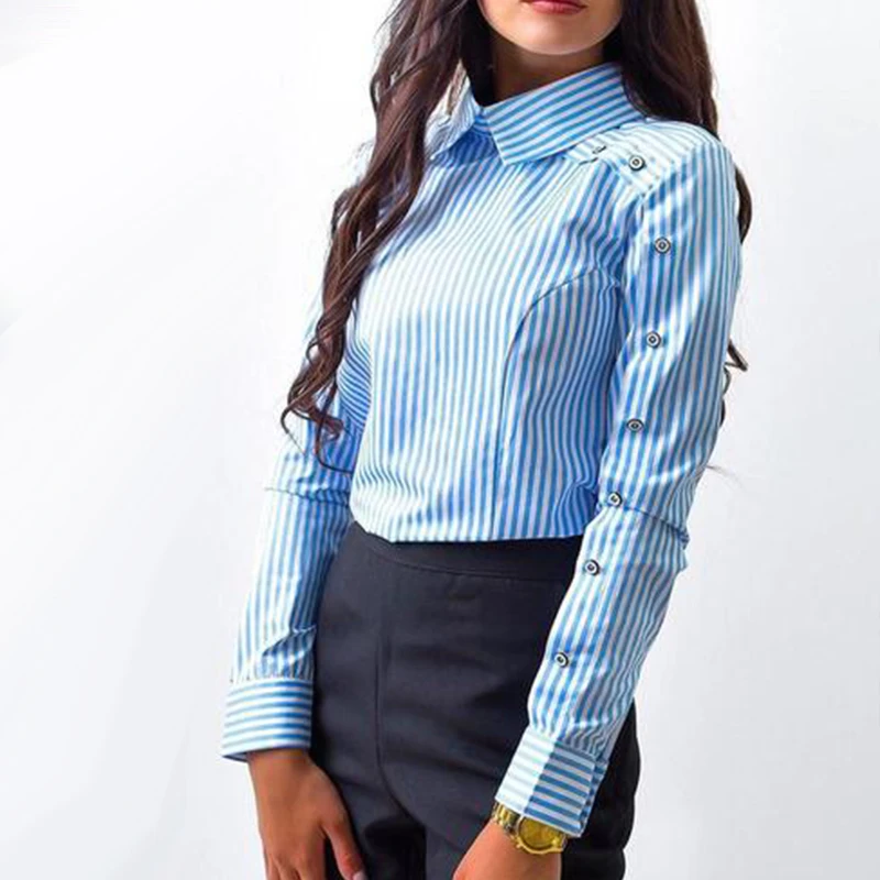 2018 nueva moda larga Botón de mujer Casual tops y blusas camisa cuello Vintage OL Tops de la raya|Blusas y - AliExpress
