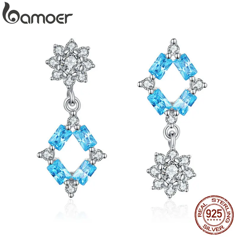 

bamoer Blue CZ Dangle Earrings for Women Geometric Star Crytsal Jewelry 925 Sterling Silver Bijoux 2019 New Design BSE200