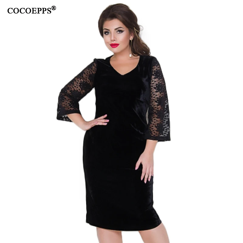 

COCOEPPS Plus Size Lace Women tunic Dresses 2019 winter Big Sizes velvet Dress Large Size Sexy Elegant dress 5XL 6XL Vestidos