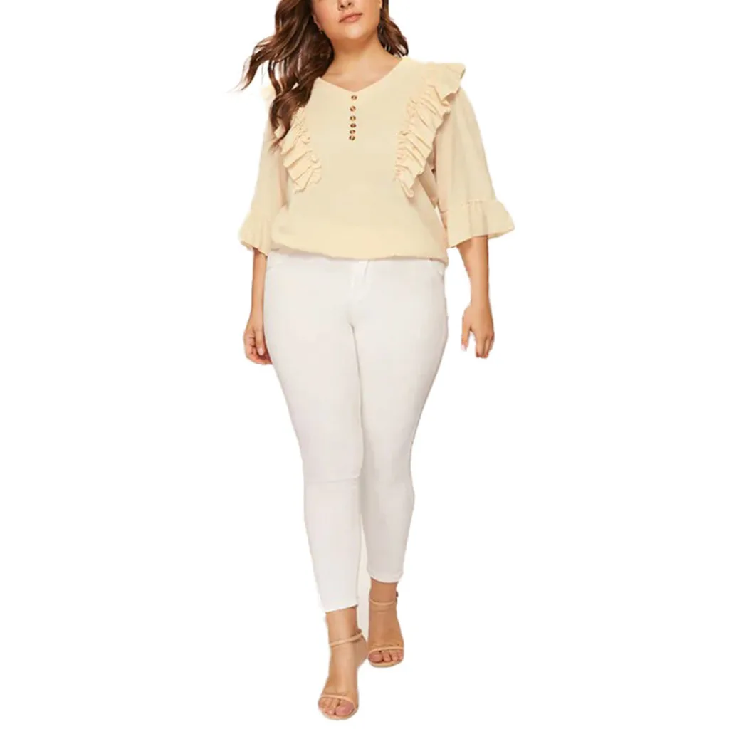 

Womail Tops Womens Casual Solid Plus Size Solid Button V-Neck Tops Fashion Ruffles Shirt Summer Blouses For Women Jun 24