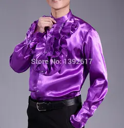 Бесплатная доставка Мужские Длинные рукава фиолетовый цвет оборками средневековый старинные Tuxedo Shirt