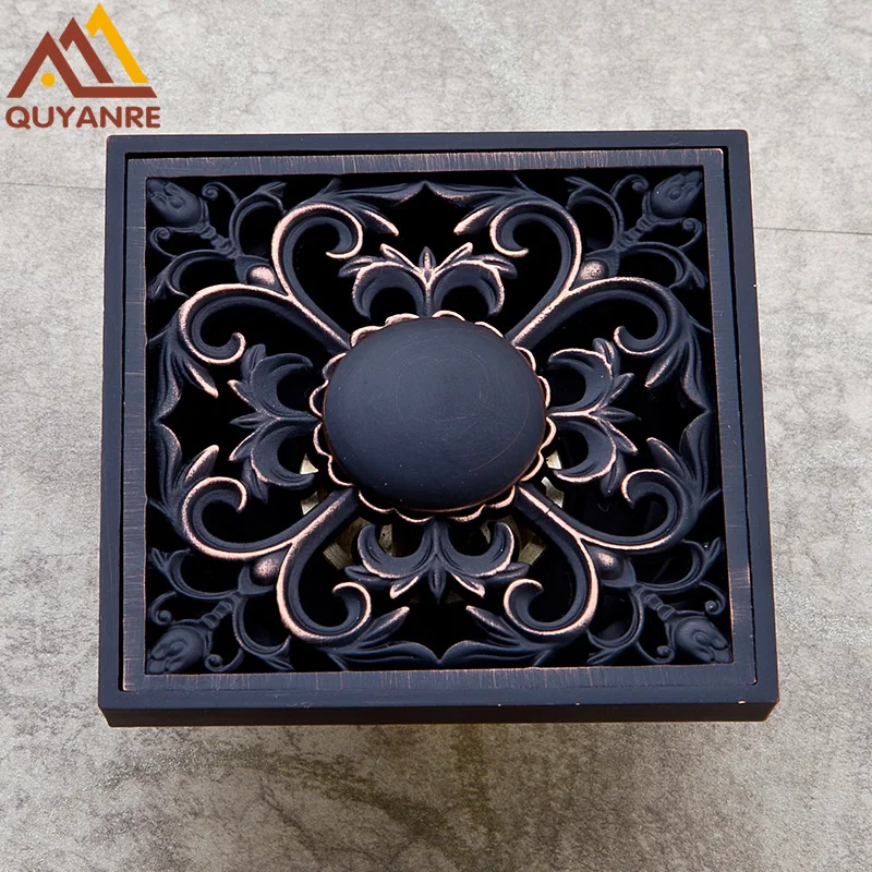 

Luxury Black Flower Carved Shower Drain 4 Inch Bathroom Waste Grate Drainer Blackened Finish