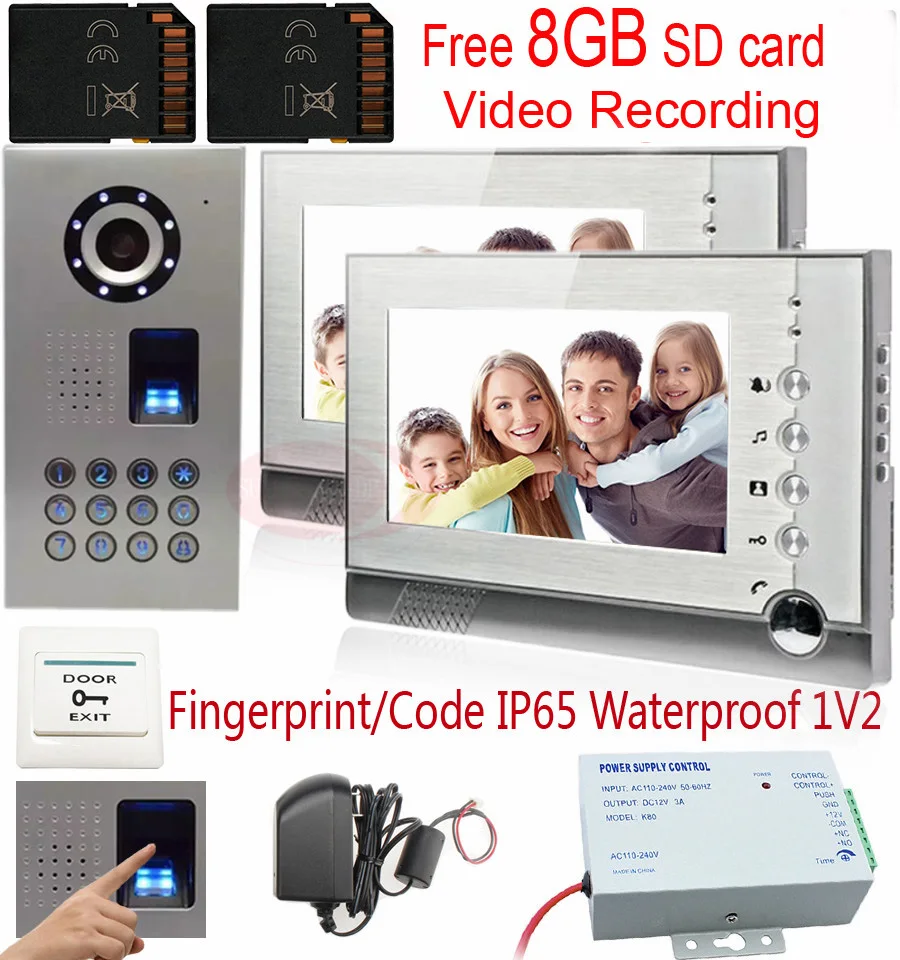 

7" Wired Intercom Video Doorphone Door intercom Color LCD support Recording 8GB SD Card Fingerprint/code unlock Intercom System