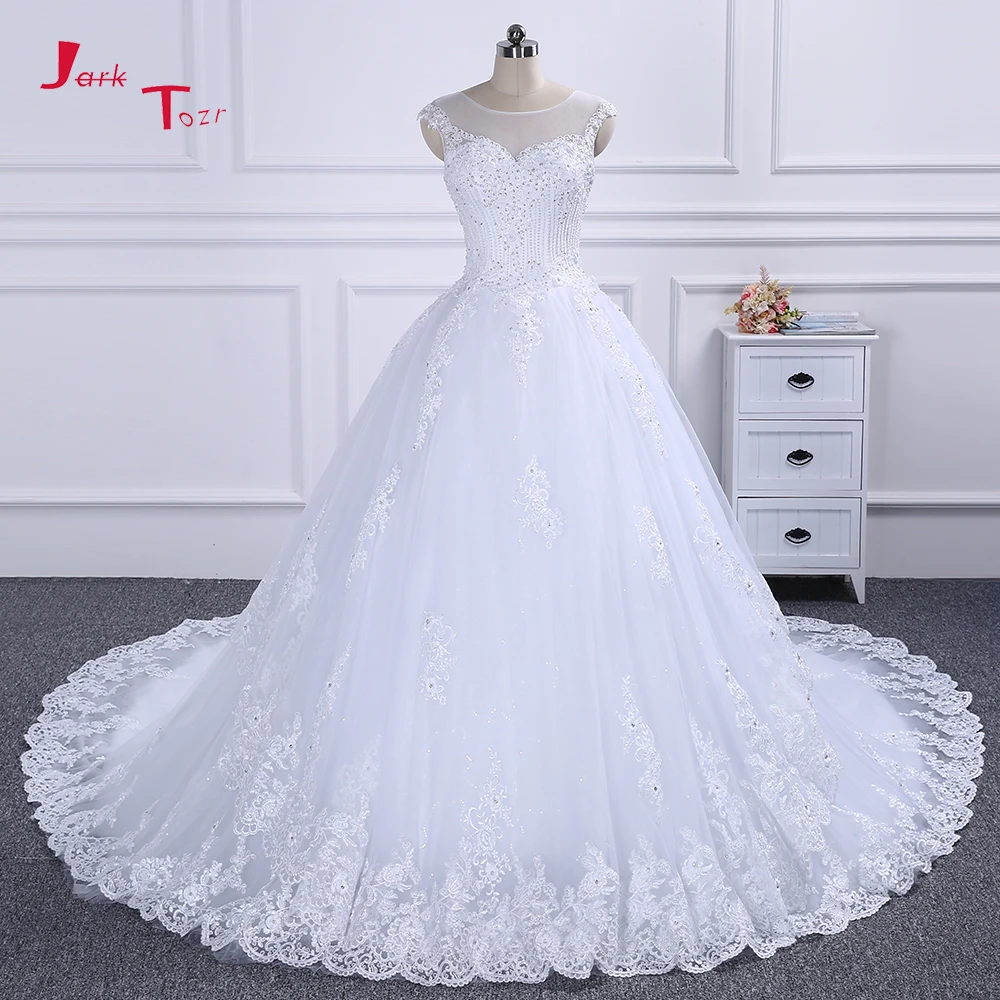 

Jark Tozr 100% Real Photo Lace Up Open Back Full Pearls Beaded Crystal Appliques Flowers Princess Ball Gown Wedding Dresses 2019
