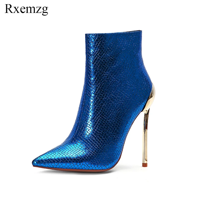 

Rxemzg 2019 new blue women ankle boots pointed toe metal high heel boots snake pattern women pumps female sexy stiletto shoes