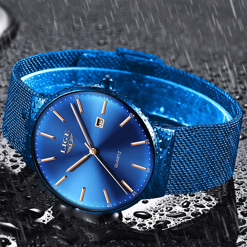 LIGE Men's Watches New Luxury Watch Men Fashion Sports Quartz Watch Stainless Steel Mesh Strap Ultra Thin Dial Date Blue Clock LIGE Men's Watches New Luxury Watch Men Fashion Sports Quartz Watch Stainless Steel Mesh Strap Ultra Thin Dial Date Blue Clock