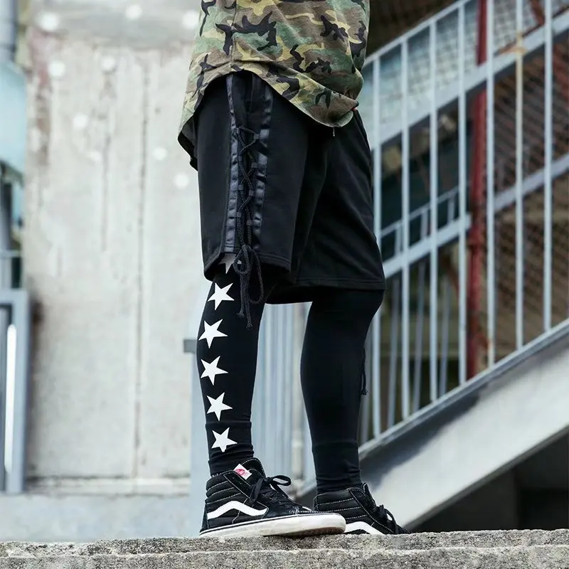 Fashion Street Wear Summer New Men Shorts Side Ribbon Cross Drawstring Hip hop Street Dance Men Summer Running Bodysuit Leggings4