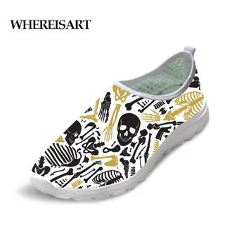 

WHEREISART 2019 New Skull Print Casual Men's Mesh Shoes Flat Outdoor Black Walking Male Slip-on Spring Zapatillas Hombre Summer