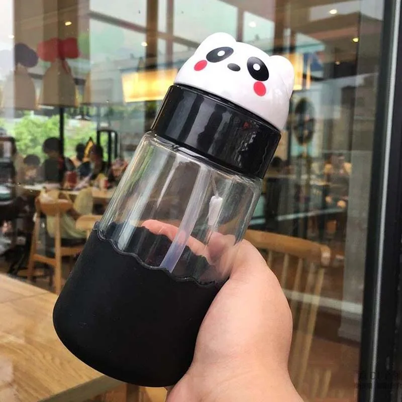Стеклянная детская чашка, бутылка для воды, молочный Утконос, милый малыш, портативный светильник, 320 мл, цветная соломенная чашка для напитков - Цвет: Black Panda