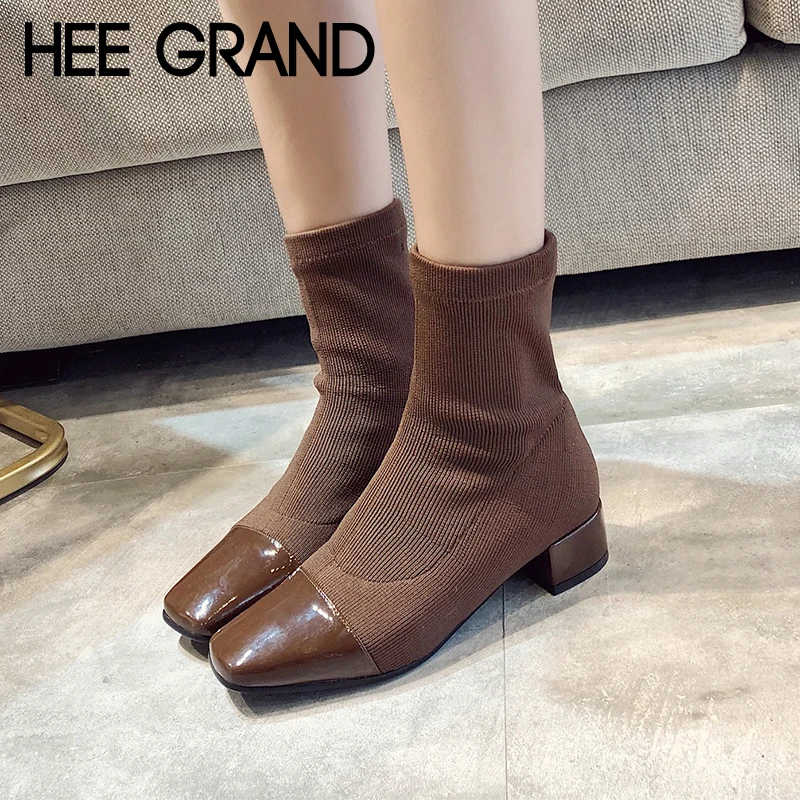 

HEE GRAND Knitting Sexy Winter Warm Ankle Boots Women Square Toe Shoes Woman Slip on Solid Ankle Boots Shoes Size 35-39 XWX6882