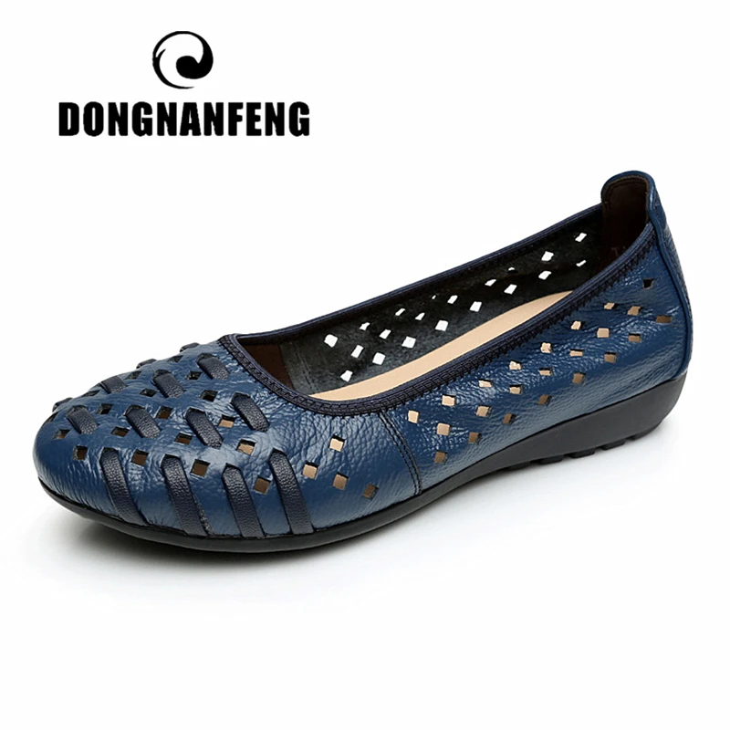 Women Shoes Flats Sandals Loafers Slip-On DONGNANFENG Vintage Genuine-Leather Hollow-Out