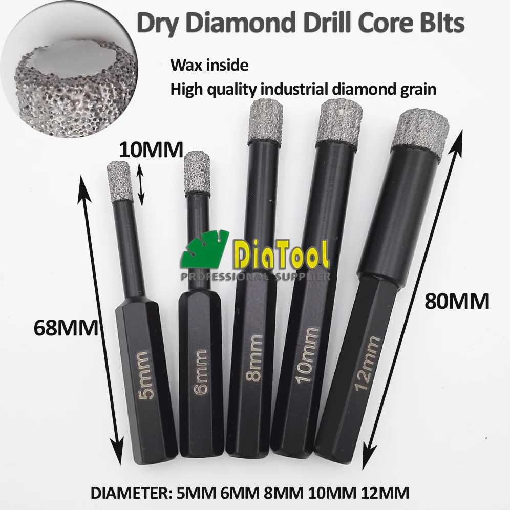 Diatool 5 шт. набор сверл вакуумной пайки diamond core bits с шестигранным хвостовиком, сухого бурения биты, профессиональное качество