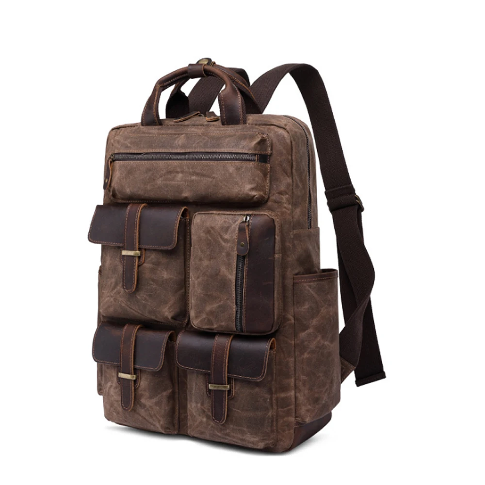 

Oil Wax Canvas Bag Retro Coffee/Dark Gray/Military Green Backpack Large Capacity Travel Knapsack Multifunction Student Schoolbag