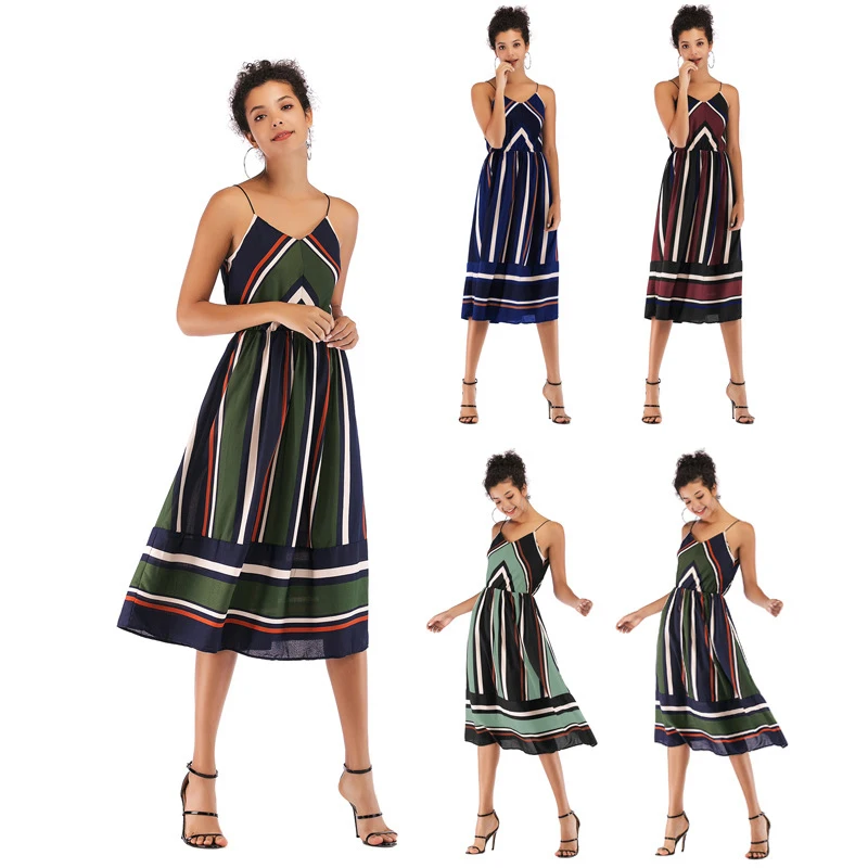 

Striped Print Patchwork V-Neck Sling Maxi Dress Boho Bohemian A-Line Spaghetti Strap Dresses Summer Women Beach Long Dress