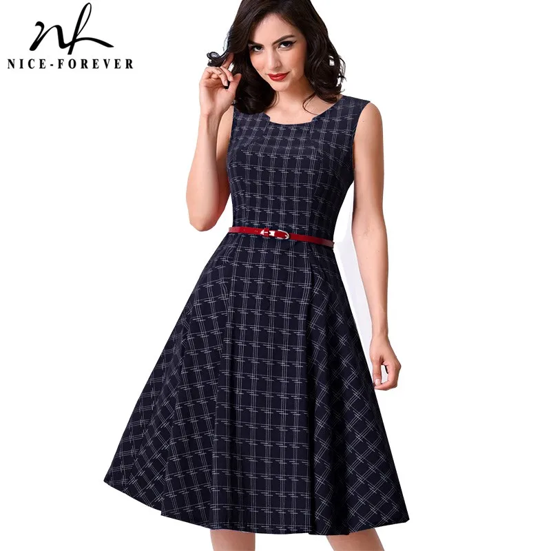 

Nice-forever New Brief Elegant Ladylike Vintage Charming With Belt Print Geometry Sleeveless Ball Gown Formal Woman Dress A011