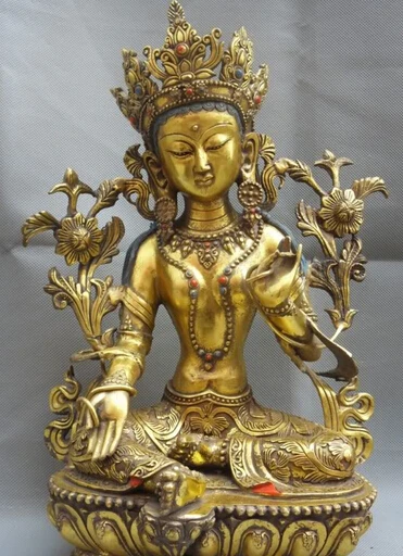 

JP S0524 15" Tibet Tibetan Bronze Gilt Lotus Seat Green Tara Goddess BUDDHA Statue