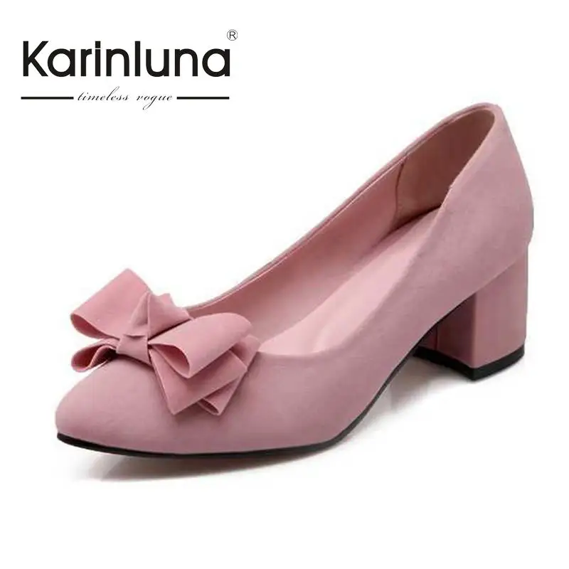 

Big Design Women's  Shoes High Quality Flock Slip On Pointed Toe Pumps Sweet Cute Chunky Heels For Girl's Dating Time