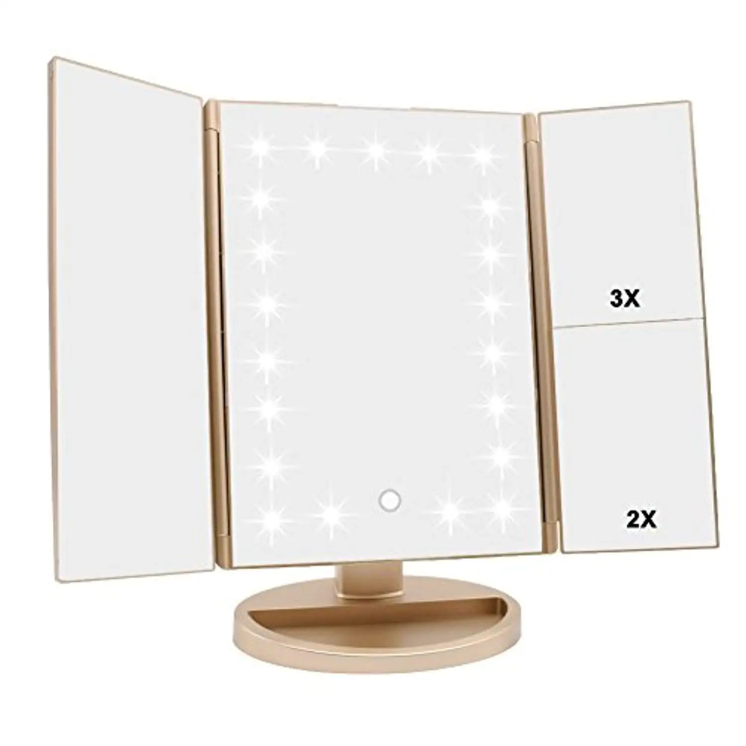 

Tri-fold Lighted Vanity Makeup Mirror with 3x/2x/1x Magnification 21Leds Light and Touch Screen 180 Degree Free Rotation