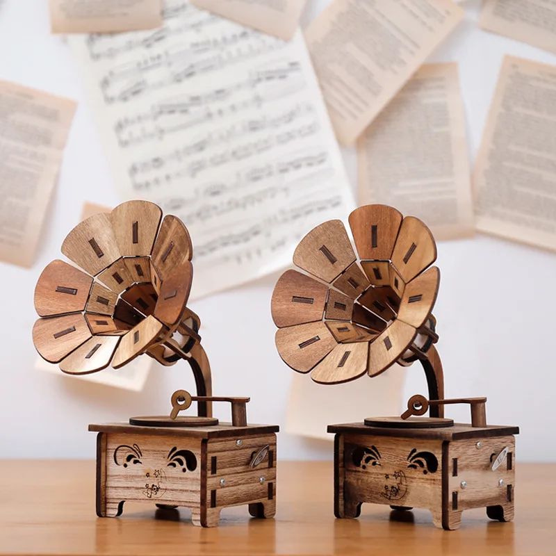 

Hot Vintage Wood Handmade Ornaments Nostalgia Phonograph Music Box Model Home Decoration Accessories Festival Wedding Gifts