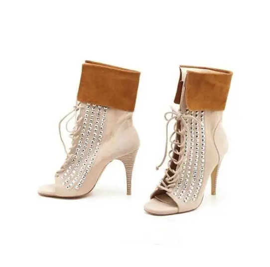 

Glittering Crystal Embellished Women Boots Suede Leather Open Toe High Heels Good-Looking Rhinestone Cross Strap Sandal Boots