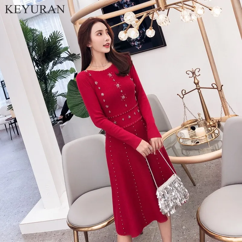 Luxury Goddess Spring Knitted Ball Gown Dress Fashion Women Red Beading Sweater Dress High Quality Elastic Dresses L2825