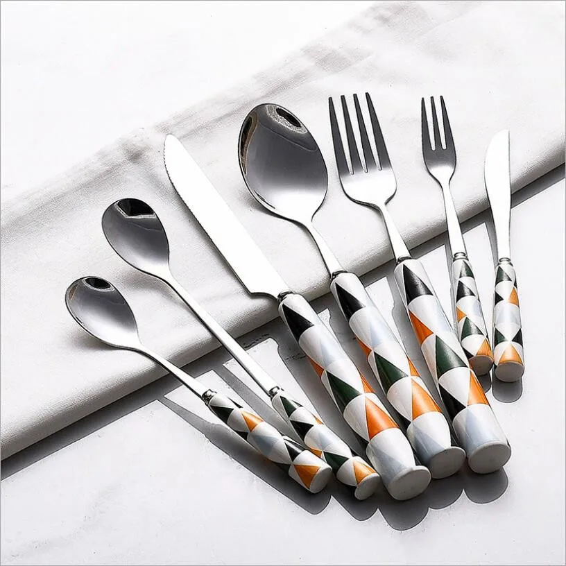ceramic handle stainless steel fork Nordic style triangle pattern fork knife metal dinnerware sets ceramic handle stainless steel fork Nordic style triangle pattern fork knife metal dinnerware sets