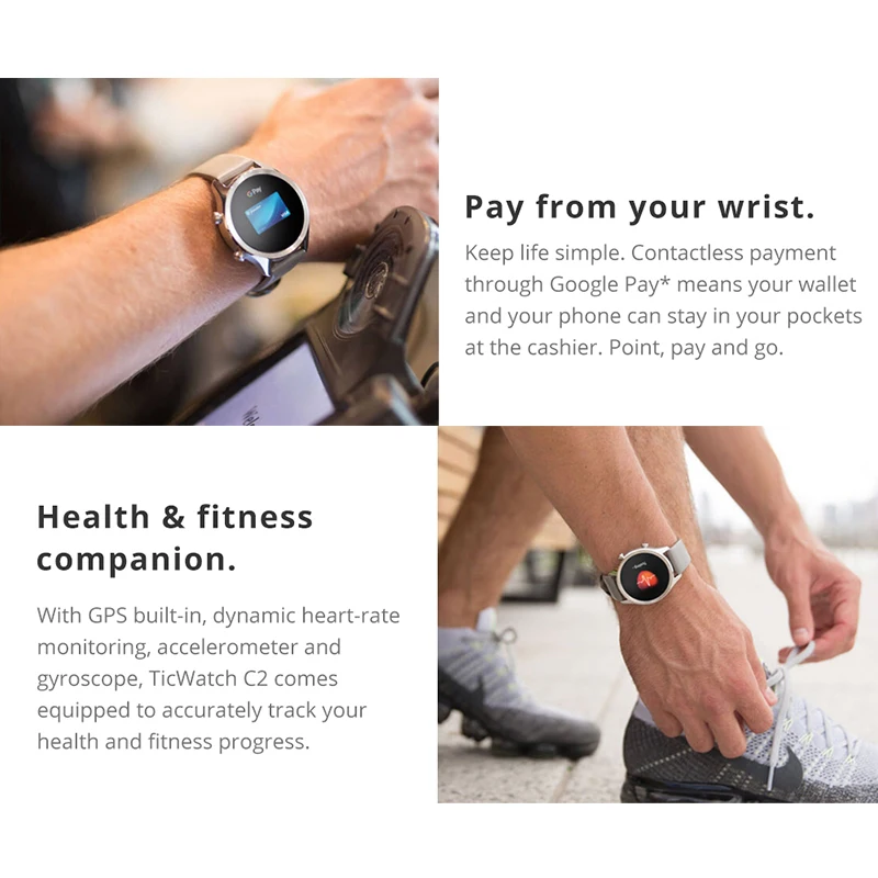 Оригинальные Смарт-часы Ticwatch C2, ОС Android, NFC платежи, Bluetooth V4.1, gps+ ГЛОНАСС+ Beidou, монитор сердечного ритма, Шагомер