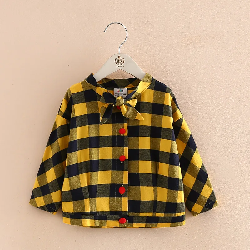 Baby Girl Blouses Shirt Casual Plaid Full Sleeve Bow Tie Collar Cotton