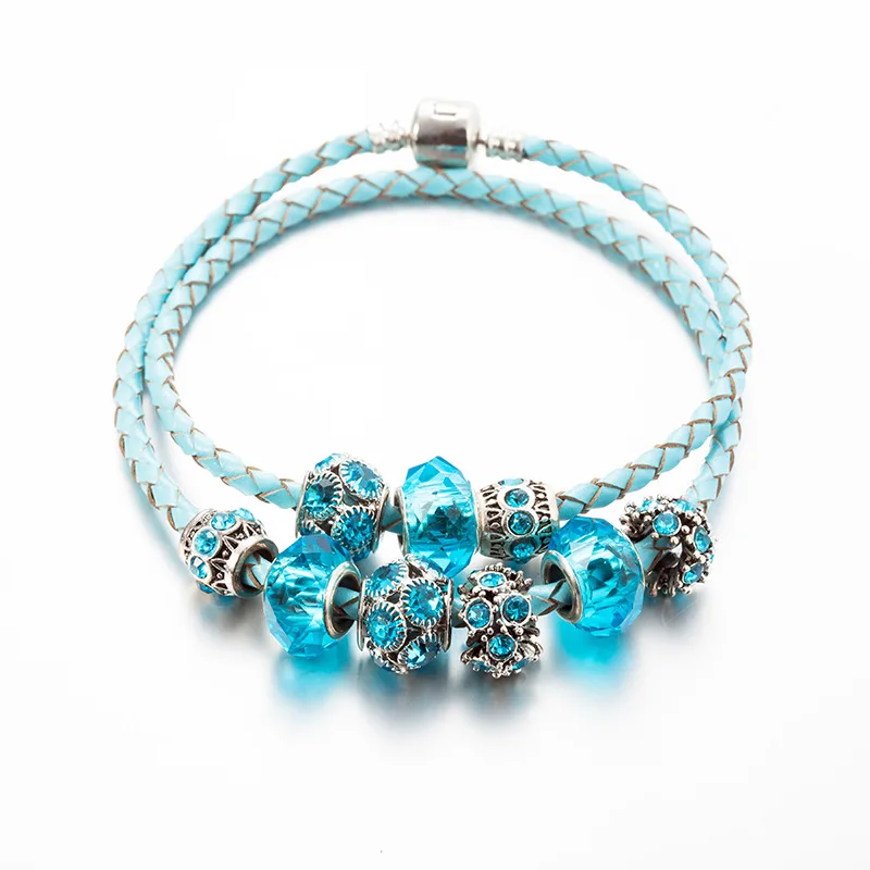 Синие хрустальные бусины браслеты и браслеты ручной работы многослойные кожаные браслеты для женщин femme Свадебные украшения «сделай сам»