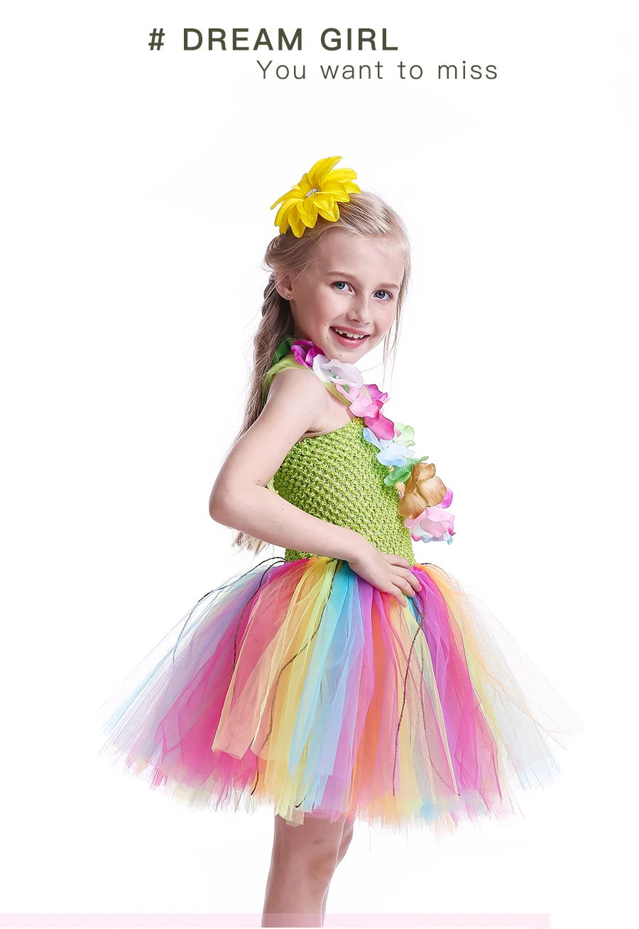 Hula Syle Girls Rainbow Colored Tutu Dress with Flower Necklace Kids Birthday Party Pageant Costume Handmade Sweet Tulle Dress (5)